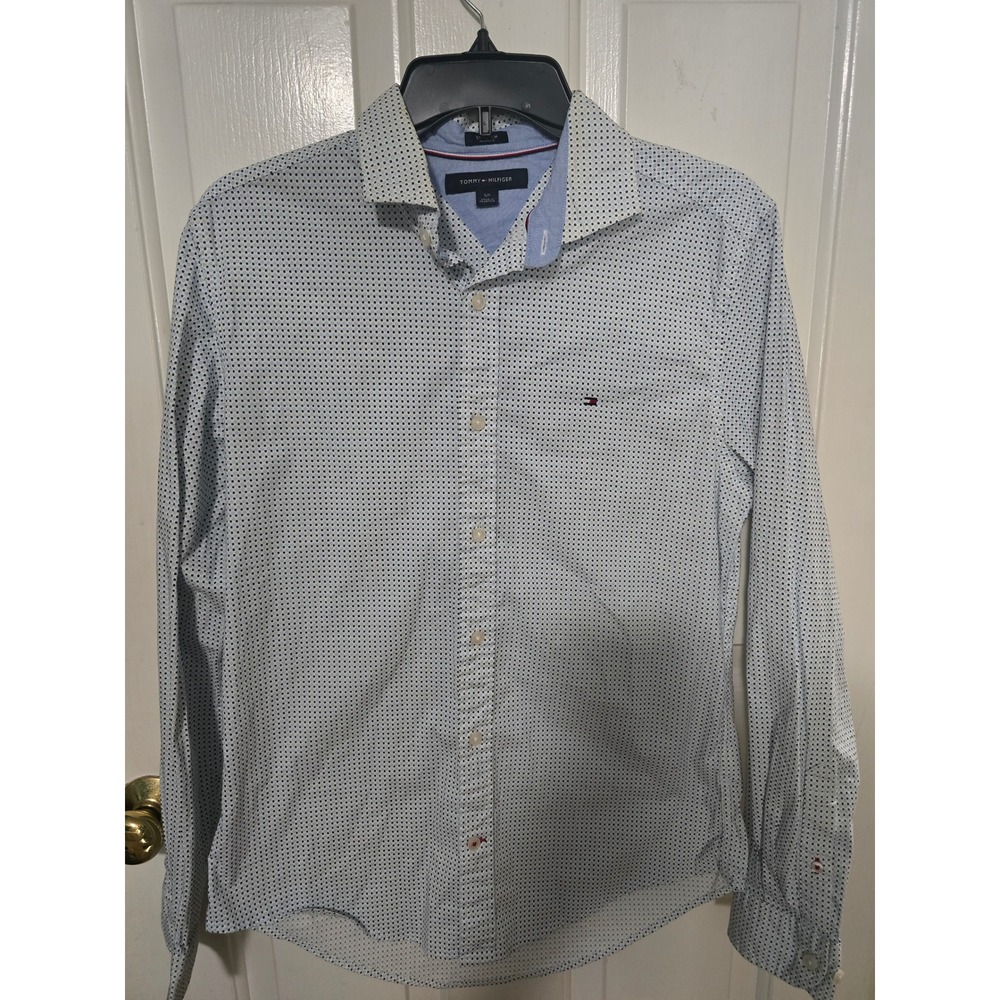 Tommy Hilfiger Mens Small Stretch Button Down Shirt White Blue Micro Dot Print